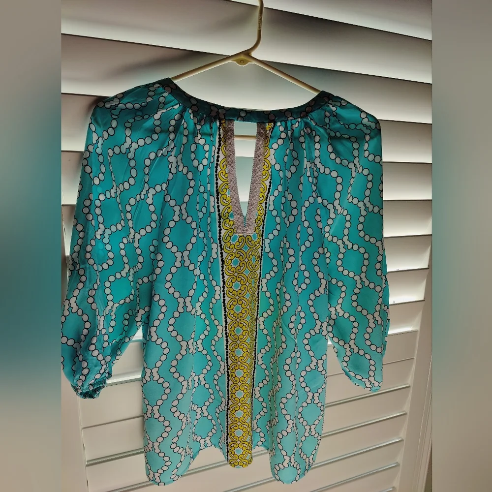 Crown & Ivy Petite Med Women's Casual Smock Top Aqua Mint Green Crochet Trim - Picture 7 of 10